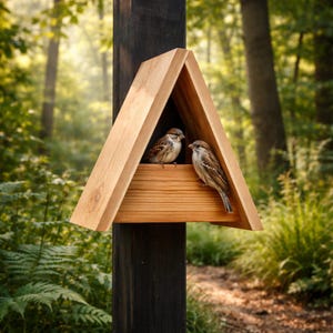 May include: A triangular wooden birdhouse with two small brown birds perched inside. The birdhouse is mounted on a dark wooden post, set against a blurred background of green foliage and trees. The birdhouse has a natural wood finish.
