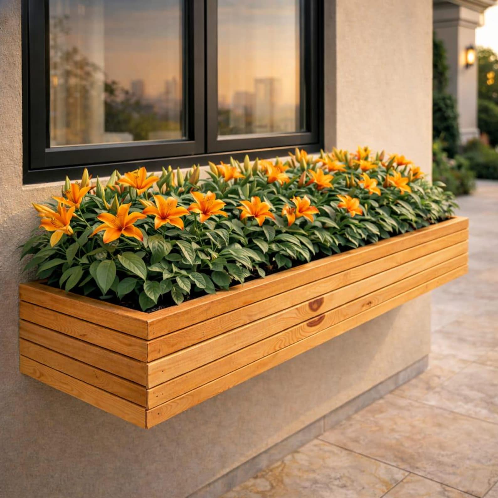 Modern Wood Window Flower Box Plans | Horizontal Slat Planter Box (PDF ...