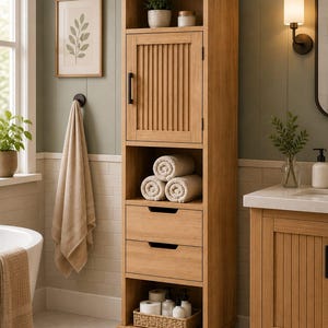 May include: A tall, light brown wooden bathroom storage cabinet featuring an open top shelf, a single cabinet door with vertical slats and a black handle, two drawers with cutout pulls, and an open bottom shelf containing a woven basket.