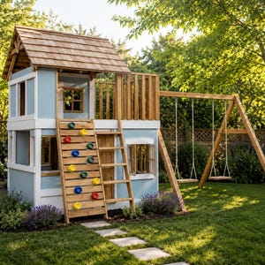 Könnte beinhalten: Ein zweistöckiges Spielhaus aus Holz mit hellblauer Fassade, weißen Zierleisten und einem Schindeldach. Es verfügt über eine Kletterwand mit bunten Griffen, eine Holzleiter, eine obere Plattform mit Geländer und zwei angebaute Schaukeln.