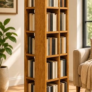 Puede incluir: Una estantería giratoria alta de madera con acabado en marrón claro, que cuenta con múltiples compartimentos verticales organizados en columnas. Cada estante está lleno de varios libros dispuestos verticalmente, mostrando una textura de veta de madera natural.