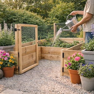 May include: A wooden raised garden bed with a small gate and wire mesh fencing. A person is watering the plants with a metal watering can. Colorful flowers in terracotta pots are in the foreground.
