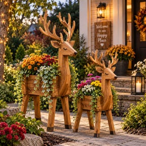 Op de afbeelding: Twee houten plantenbakken in de vorm van een hert met groot gewei, elk met een rechthoekige houten bak als lichaam gevuld met kleurrijke oranje, gele en paarse bloemen en hangende klimop, staand op een stenen terras in de buitenlucht.