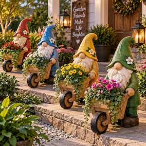 Puede incluir: Cuatro figuras de gnomos de jardín alineadas en escalones de piedra. Cada gnomo lleva un sombrero alto de color rojo, azul, amarillo o verde y sostiene una carretilla de madera llena de flores coloridas. Cada sombrero tiene una flor blanca.