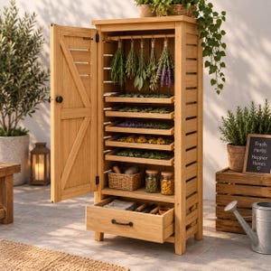 Könnte beinhalten: Ein hoher, hellbrauner Kräutertrockenschrank aus Holz mit einer Flügeltür und einer diagonalen Verstrebung. Im Inneren befinden sich fünf Lattenregale mit getrockneten Kräutern und Blumen, eine Stange mit Kräuterbündeln, ein Weidenkorb und eine Schublade.