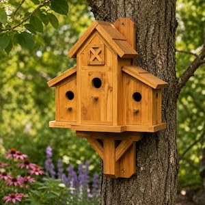 May include: A multi-level wooden birdhouse with a natural light brown finish, featuring three distinct sections with circular entry holes, small wooden perches, and a central gable roof with a decorative cross detail, mounted securely to a tree trunk.