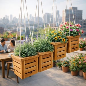 May include: Four wooden hanging planters filled with colorful flowers and greenery. The planters are suspended by white ropes, with a city skyline in the background. The flowers include yellow sunflowers, pink and white daisies, and purple lavender.