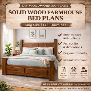 DIY King Size Bed Farmhouse Storage Woodworking Plan PDF