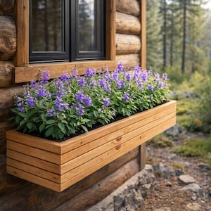 Puede incluir: Un jardinera de madera llena de vibrantes flores moradas y follaje verde. La jardinera está hecha de madera de color claro y está montada en el exterior de una cabaña de troncos. La ventana de arriba es negra.