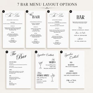 May include: Seven white bar menu layout options with black text, numbered one through seven. Each card displays various signature cocktail, spirit, wine, and beer lists in different typography styles, including headings like The Bar and Signature Cocktails.