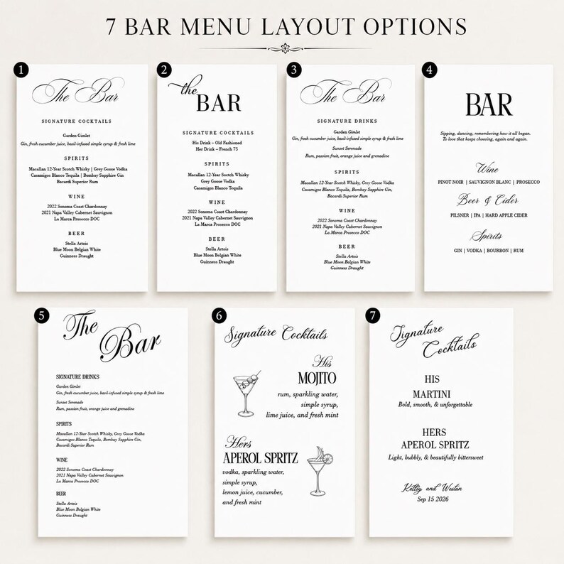 May include: Seven white bar menu layout options with black text, numbered one through seven. Each card displays various signature cocktail, spirit, wine, and beer lists in different typography styles, including headings like The Bar and Signature Cocktails.