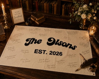 Stendardo personalizzato con cognome su tela, tessuto ricamato a mano per libro degli ospiti di nozze, cartello personalizzato per la famiglia del matrimonio, decorazione murale con la data di fondazione.