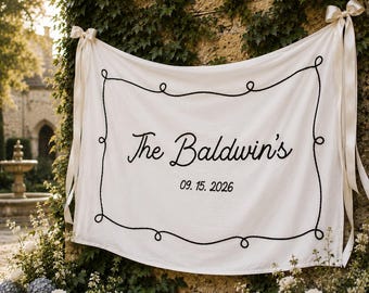 Stof bruiloft welkomstbord, aangepaste romantische ceremonie receptiebanner, aangepaste linnen tuinborden, tafelborden bruiloft liefje