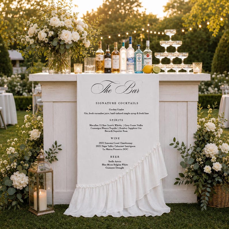 May include: A white wooden bar counter draped with a fabric sign reading The Bar, featuring a menu of signature cocktails, spirits, wine, and beer. The sign has a ruffled edge. Bottles of alcohol, a champagne tower, and floral arrangements are displayed.