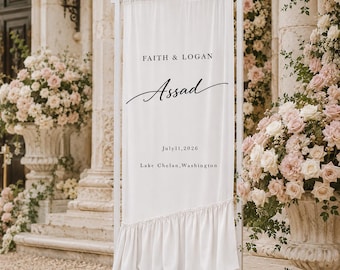 Cartello di benvenuto personalizzato in lino per matrimonio, striscione di benvenuto con volant per matrimonio, decorazioni moderne per festa di fidanzamento, decorazioni per matrimonio in stile boho