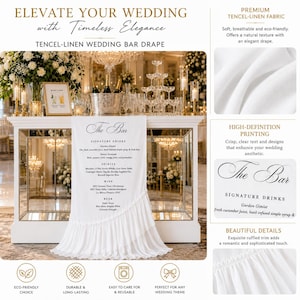 May include: A white Tencel-linen bar drape featuring a ruffled bottom trim and black printed text that reads The Bar, Signature Drinks, Garden Gimlet, Sweet Serenade, Spirits, Wine, and Beer, displayed on a mirrored wedding bar setup.