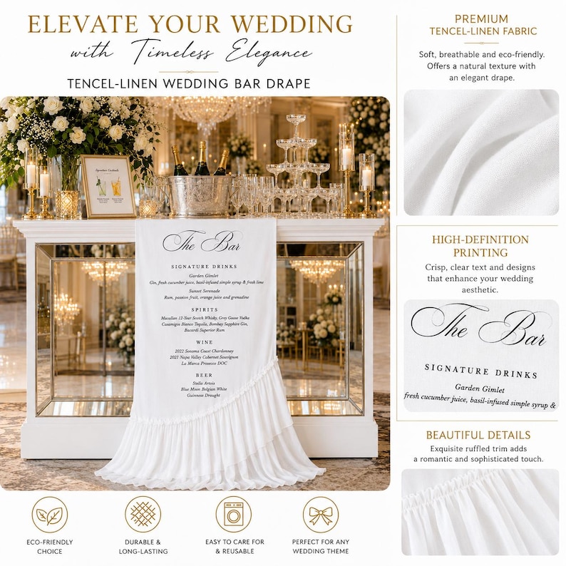 May include: A white Tencel-linen bar drape featuring a ruffled bottom trim and black printed text that reads The Bar, Signature Drinks, Garden Gimlet, Sweet Serenade, Spirits, Wine, and Beer, displayed on a mirrored wedding bar setup.
