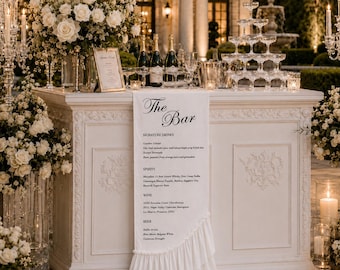 Menù del bar in lino per matrimoni, cartello bar personalizzato con volant, elegante cartello per cocktail, menù cocktail in tessuto, decorazioni romantiche per matrimoni