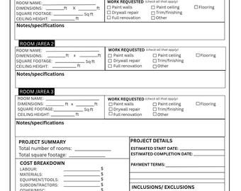 Puede incluir: Un formulario impreso en blanco y negro para estimación de trabajos de interior que incluye secciones para datos del cliente, desglose de áreas con dimensiones, casillas de verificación, resumen del proyecto, costes y firma de aprobación.