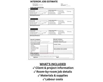 Op de afbeelding: Een sjabloon voor een offerte voor interieurwerkzaamheden met secties voor klantinformatie, kamer-voor-kamer specificaties, projectsamenvattingen, kostenoverzichten en goedkeuring. De tekst bevat INTERIOR JOB ESTIMATE en WHAT'S INCLUDED.
