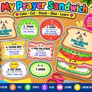 May include: A My Prayer Sandwich craft activity set featuring cut-out paper shapes of bread, lettuce, tomato, cheese, bacon, egg, and cucumber. Each piece has a cute face and text for writing prayers. Includes coloured and colouring versions.