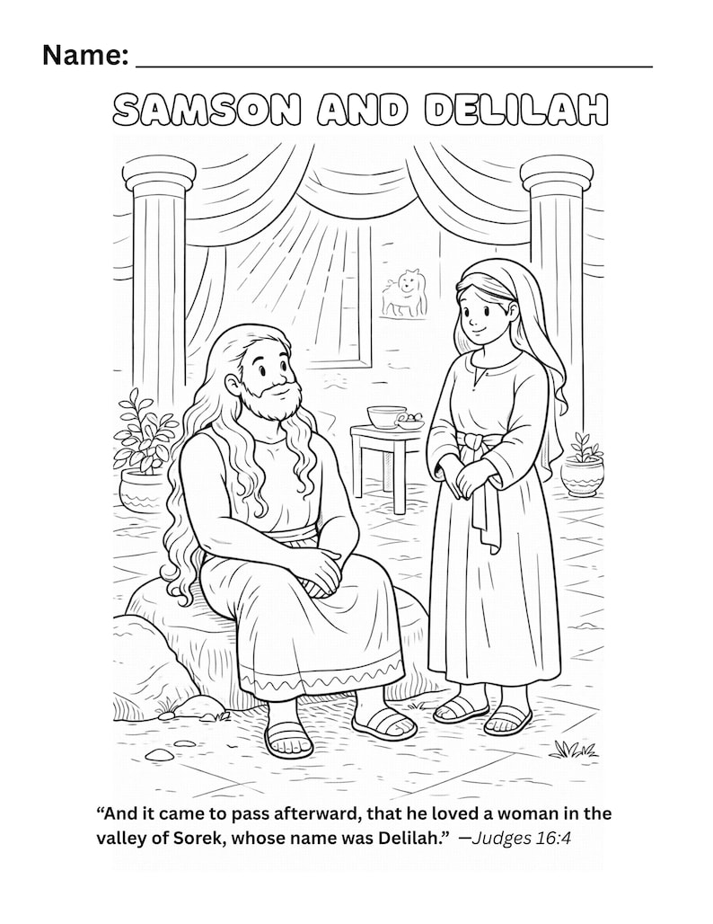 Samson and Delilah Bible Lesson, Kids Coloring Pages, Sunday School Activity (PDF Download) image 1
