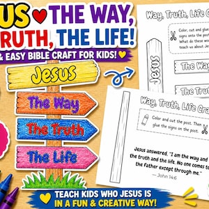 Könnte beinhalten: Ein farbenfrohes Bibel-Bastelprojekt für Kinder mit Schildern mit den Aufschriften "Jesus", "Der Weg", "Die Wahrheit" und "Das Leben". Enthält druckbare Vorlagen, Buntstifte, Schere und Kleber.