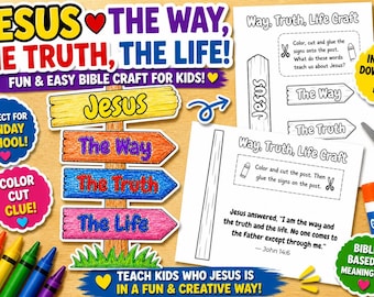 Way Truth Life Craft Printable, John 14:6 Bible Verse Activity, Sunday School Church, VBS Christian Kids Worksheet, Homeschool Bible PDF