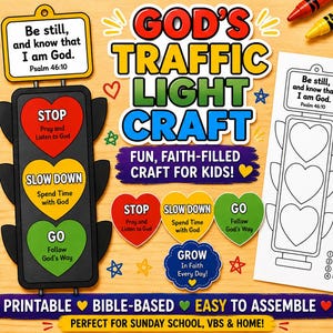 Puede incluir: Un kit de manualidades imprimible titulado God's Traffic Light Craft que presenta un recorte de semáforo negro con luces en forma de corazón rojas, amarillas y verdes etiquetadas como Stop, Slow Down y Go. Incluye una página para colorear en blanco y negro, tijeras y crayones.