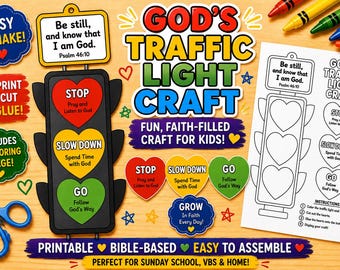 God's Traffic Light Craft Printable, Christian Craft Activity, Psalm 46:10, Sunday School PDF, Bible Lesson Kids, Religious Coloring Craft