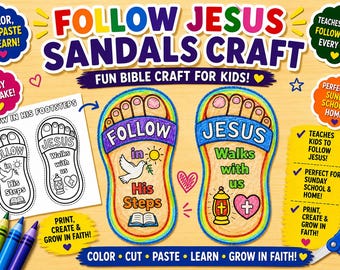 Follow Jesus Craft for Kids, Christian Sandals Coloring Activity, Bible Craft Printable, Sunday School Color And Cut PDF