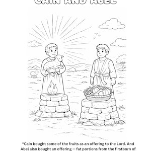 Puede incluir: Dibujo lineal en blanco y negro de Caín y Abel. Caín sostiene un cordero, y Abel presenta una cesta de frutas. El texto "CAIN AND ABEL" está en la parte superior. La imagen incluye texto de Génesis 4:3-4.