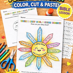 May include: A colourful Bible lesson printable with the text "When I Obey God, I Shine Bright!" featuring a sun graphic with arrows pointing to positive actions. Includes crayons, scissors, and the words "Instant Download".