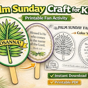 Puede incluir: Manualidad imprimible del Domingo de Ramos para niños. La imagen muestra tres diseños de abanicos: dos coloreados y uno en blanco y negro. Los abanicos presentan hojas de palma, la palabra "HOSANNA!" y versículos bíblicos. Incluye opciones de "Descarga instantánea" y "PDF imprimible".