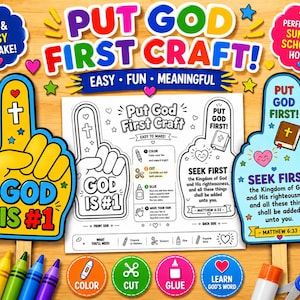 Sätt Gud först-pyssel utskrivbart, kristen söndagsskoleaktivitet för barn, bibelversfärgläggningspyssel, Matteus 6:33 religiös skumfingerfläkt PDF