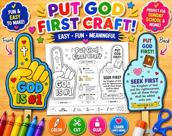 Put God First Craft Printable, Christian Sunday School Activity Kids, Bible Verse Coloring Craft, Matthew 6:33 Religious Foam Finger Fan PDF