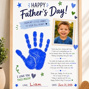 Utskrivbart handavtryck för fars dag, fotominnessak med fars dag, present till pappa med handavtryck för barn, aktivitet för fars dag för förskola, gör-det-själv-barn