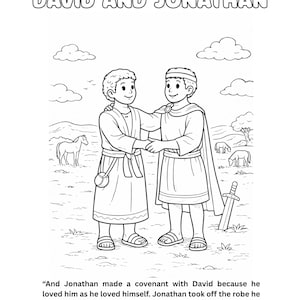 May include: Black and white coloring page featuring the text "DAVID AND JONATHAN" above an illustration of two figures holding hands. The image includes a quote from 1 Samuel 18:3-4.