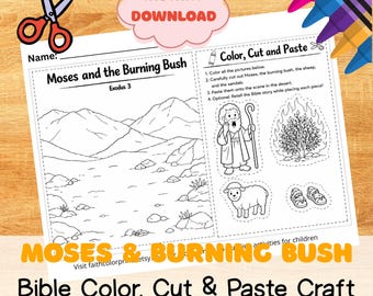 Moses and Burning Bush Craft Printable | Bible Story Activity Kids | Sunday School Cut & Paste | Exodus 3 Coloring Page | Christian Kids PDF