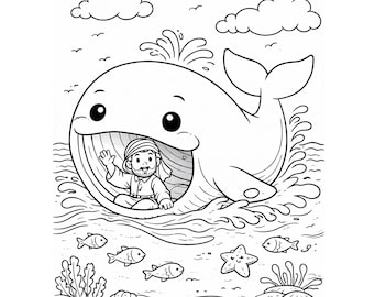 Puede incluir: Página para colorear en blanco y negro que representa la historia de Jonás y la ballena. La imagen muestra a Jonás dentro de la ballena, con el texto "JONAH AND THE WHALE" y un versículo bíblico. Incluye peces, estrellas de mar y otras criaturas marinas.
