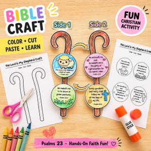 Puede incluir: Un colorido kit de manualidades bíblicas con el texto "Bible Craft" e instrucciones para colorear, cortar, pegar y aprender. El kit incluye un diseño de cayado de pastor con versículos bíblicos y una etiqueta "Fun Christian Activity".