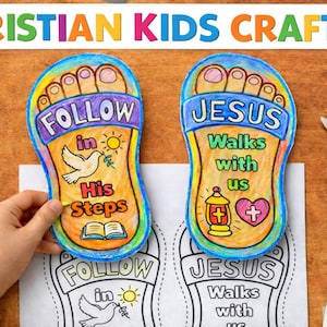 May include: Colorful craft supplies and a "Christian Kids Craft" project featuring foot-shaped cutouts with religious messages. Includes crayons, scissors, and the words "Follow in His Steps" and "Jesus Walks with us."
