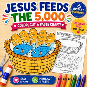 Op de afbeelding: Een Jezus voedt de 5000 knutselset met een gele mand gevuld met vijf oranje broden en twee blauwe vissen. Inclusief een zwart-witte kleurplaat, een schaar, een lijmstift en kleurrijke kleurpotloden.