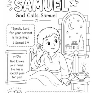 Puede incluir: Una página para colorear en blanco y negro titulada SAMUEL God Calls Samuel que muestra a un niño en la cama escuchando, un pergamino con texto, una mesita de noche con una lámpara, una ventana con una luna creciente y estrellas, y una Biblia.