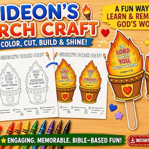 May include: A Gideon's Torch craft kit featuring printable templates for coloring and assembly. The set includes black and white outlines and finished colored torch cutouts with the text The Lord is with you, mighty warrior and God gives us strength to do his work.