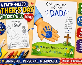 Christian Father's Day Handprint Craft Printable, God Gave Me Best Dad Coloring, Bible Verse Father's Day Gift, Sunday School Father's Day