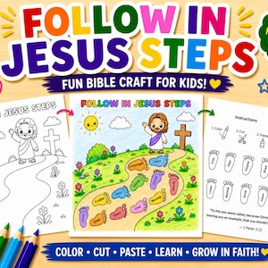 Pode incluir: Um kit de artesanato infantil com o texto "FOLLOW IN JESUS STEPS" e "FUN BIBLE CRAFT FOR KIDS!". O kit inclui páginas para colorir, instruções e as frases "COLOR, CUT, PASTE & LEARN!" e "EASY TO MAKE!"