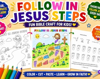 Follow in Jesus Steps Craft for Kids, Christian Cut and Paste Activity, Sunday School Bible Craft Printable, Jesus Footsteps Worksheet PDF