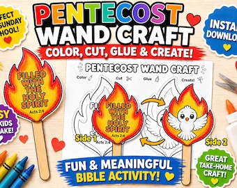 Pentecost Wand Craft Printable | Holy Spirit Bible Craft Kids | Acts 2:4 Sunday School Activity | Christian Kids Craft | Color Cut Glue PDF