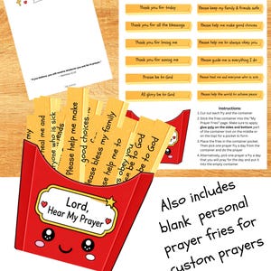 Pode incluir: Kit de artesanato em papel "Prayer Fries" com um recipiente vermelho e amarelo e batatas fritas impressas com orações. Inclui batatas fritas em branco para orações personalizadas.